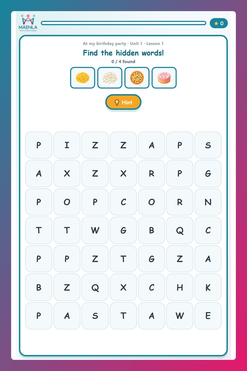 Hoạt động Lưới chữ — Party Food Letter Hunt